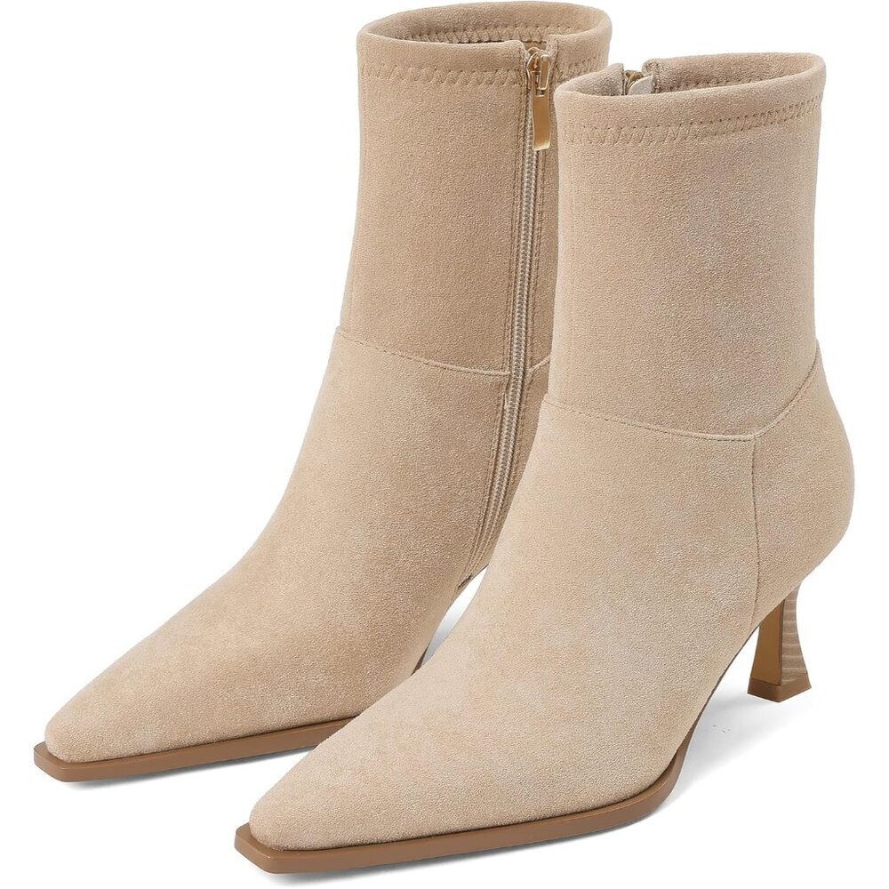 Women's Beige Fall Side Zip Ankle Mid Calf Pointed Toe Kitten Heel Boots